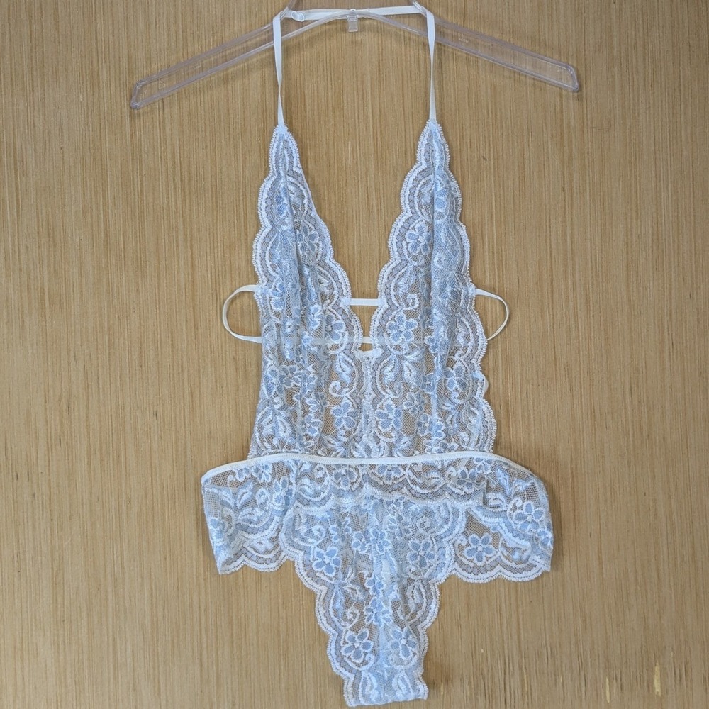 In Bloom by Jonquil Coquette Floral Lace Halter Bodysuit Teddy Size M White Blue